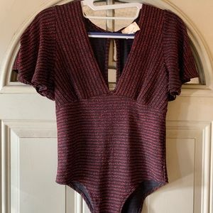 I. Madeline Sparkly Red Flutter Sleeve Bodysuit